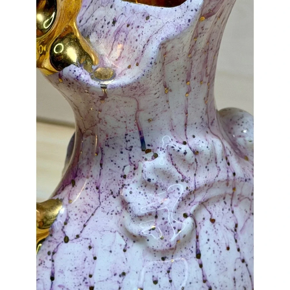 VTG Pink Gold Gilt Ceramic Ewer Pitcher Vase Hollywood Regency Drip Glaze signed
